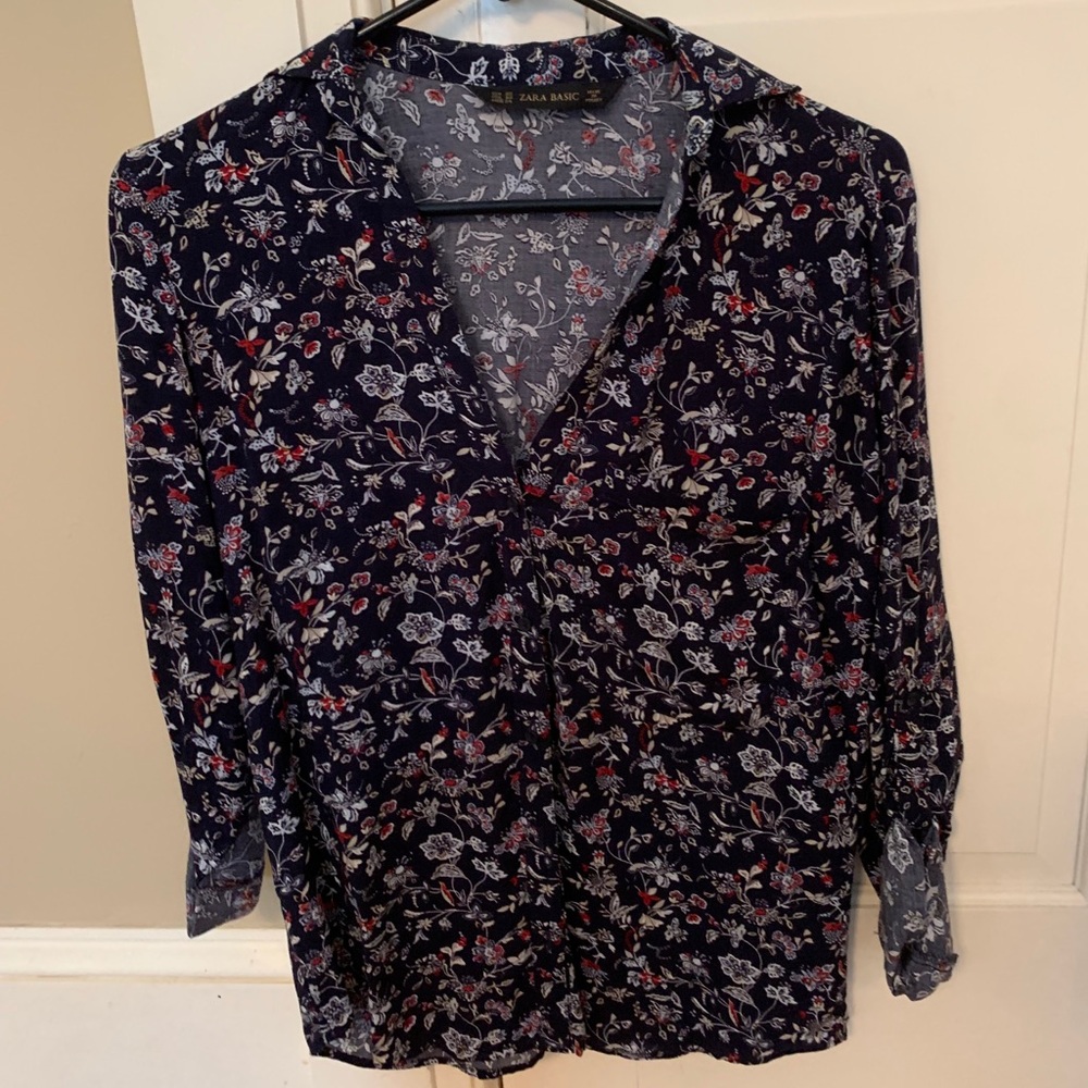 Zara Basic Blouse Blue Print 3/4 Sleeve Button